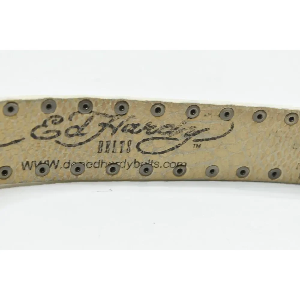 Ed Hardy Belt Mens Large Ivory Genuine Leather Skull Flames Studded Grommet Y2K